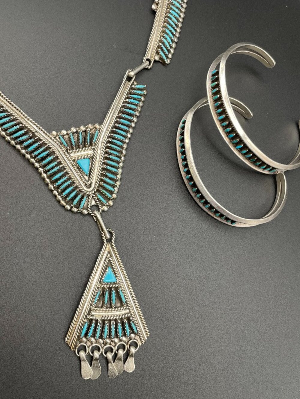Vintage Zuni Needlepoint Sterling and Turquoise Necklace and Bracelet Set